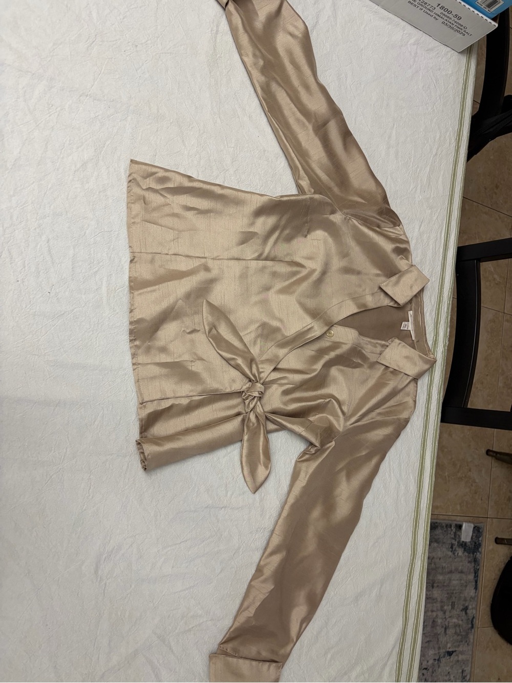 JM Collection Satin Tie-Front Button-Down Blouse - Champagne Beige